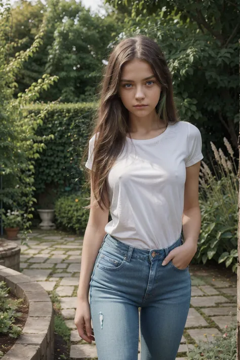 Masterpiece,stunning realistic, best quality, sharpness, 1 girl,12 years old,long hair,(green hair:1),(messy hair:1),dark blue eyes,(arms behind back:1),standing in a garden,white tight shirt,jeans