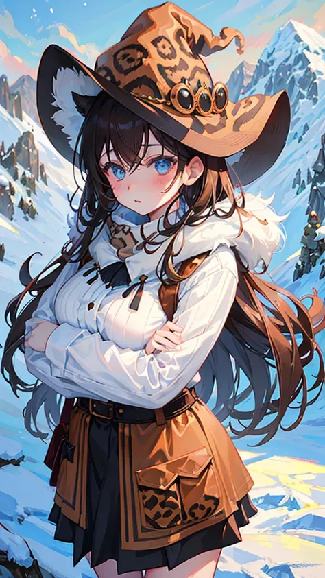 plump girl with pale skin, Brown hair, dressed in snow leopard clothes, snow leopard mask on the face, stylish witch mask, mountain witch, Scandinavian witch