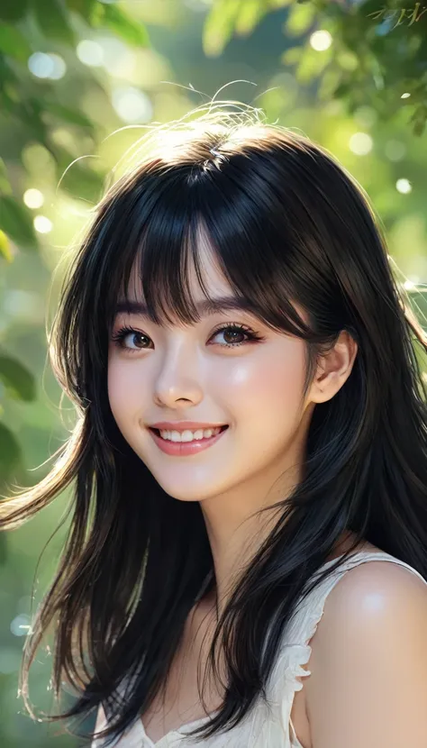 (​masterpiece), (best quality), (super detail), (tousled hair), (Illustration), (1 Girl), (Interview), (Brief background), lovely, detailled eyes, Zartes pretty face, floating, (high saturation), (shine), Focus on face, black hair, bangs, Full smile, float...