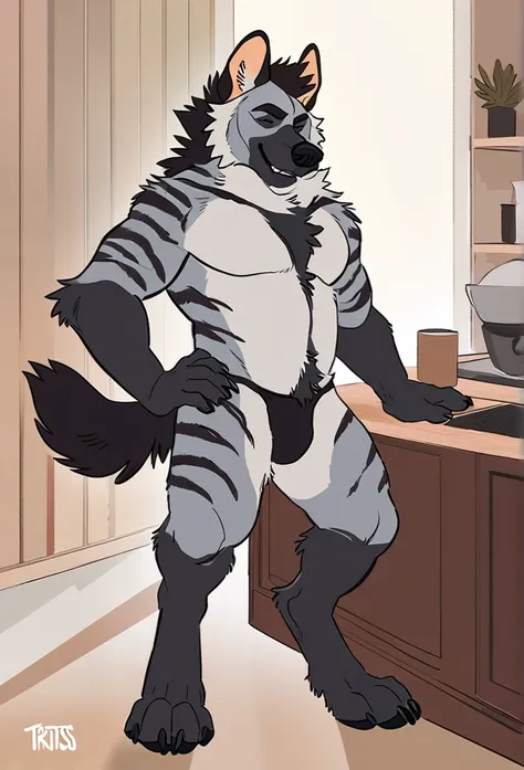 solo, male, anthro (striped hyena), by tritscrits, (by botch:0.7), digitigrade, digital artwork, (flat colors:1.3), striped hyena tail, mature male, sexy, ((detailed background)), athletic, gray fur, looking at camera,