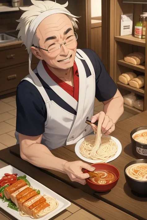 anime style, super fine illustration, highly detailed, dynamic angle, beautiful detailed, 8K, On a summer afternoon in a ramen shop, BREAK a old men ,docter , is cooking  ramen deliciously with a smile on his face. BREAK The steaming ramen and the slight s...