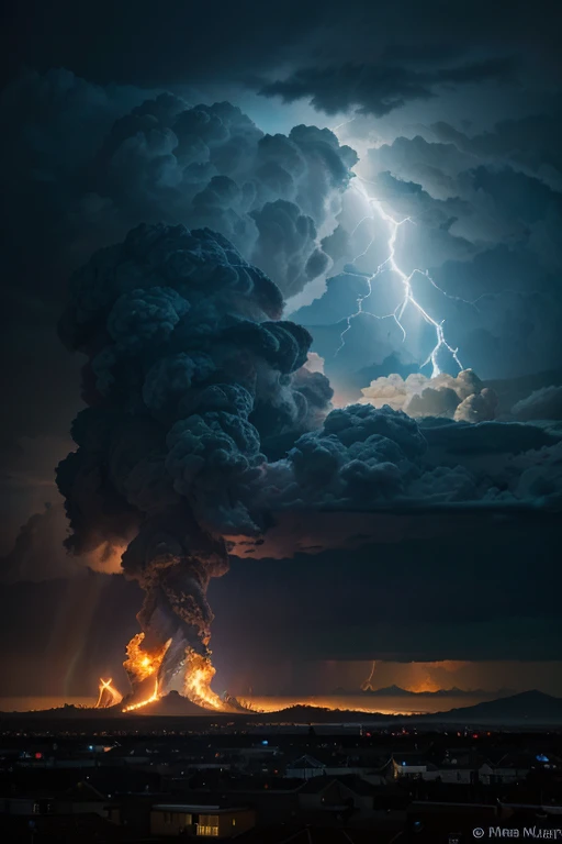 Vibrant high dynamic range HDR photography of a dramatic celestial scene, a large billowing pillar of fire from Heaven set against a deep, foreboding dark blue sky with a massive, kaleidoscopic cloud as its centerpiece, illuminated by an electrical storm w...