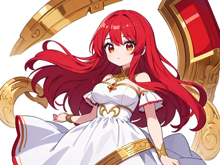 {{{masterpiece}}}, {{{best quality}}}, 1 girl, solo, ruby red hair, long hair, {{{eyes red and gold}}}, red and gold eyes, big breasts, {white background}, {no background}, she is wearing a white frente unica dress