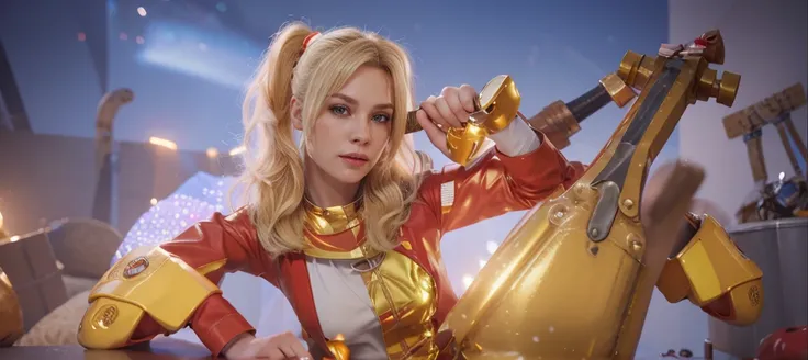  The image is a 3D rendering of a female character with blonde hair, wearing a red and gold outfit, holding a large hammer and surrounded by a bright yellow glow.