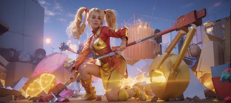  The image is a 3D rendering of a female character with blonde hair, wearing a red and gold outfit, holding a large hammer and surrounded by a bright yellow glow.