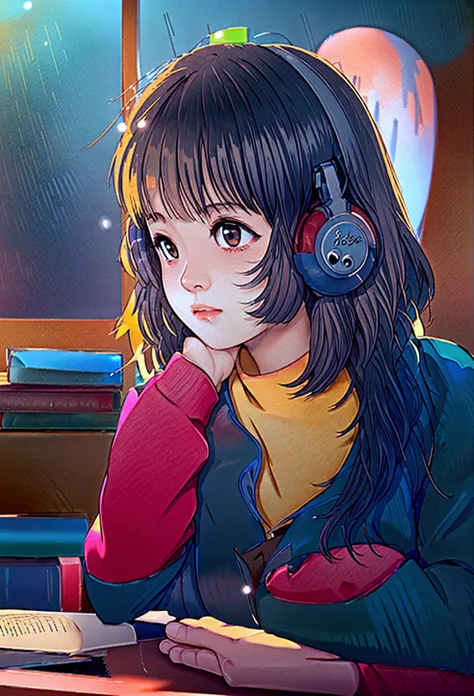 anime girl sitting at a desk with a book and headphones on, lofi girl, lofi portrait, lofi artstyle, lofi art, anime style 4 k, ...