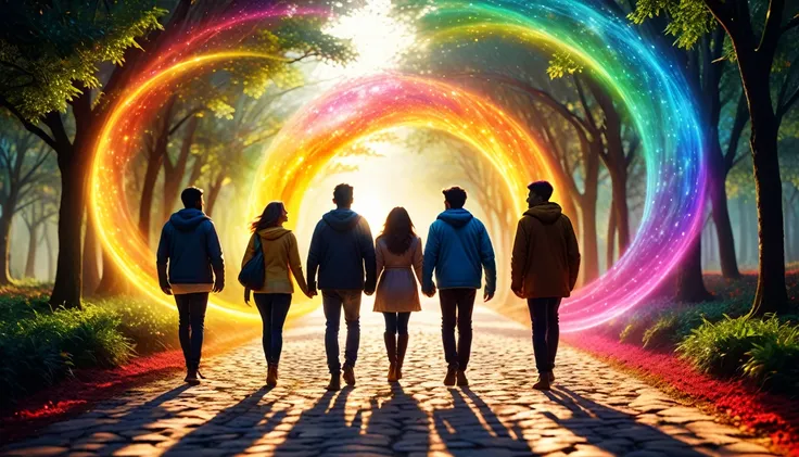 Diverse group of five people walking a bright path, The Mysterious Path, Super detailed, 8K resolution, High Contrast. Each person is vibrant, Colorful aura brightening from left to right. The aura is translucent and mixed. The path curves from bottom left...