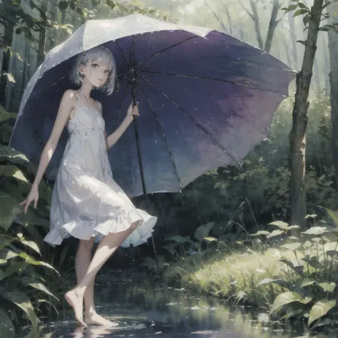 a slender girl with a very beautiful exquisite face barefoot in a very short light summer sundress in the rain in the summer forest, purple thunderstorm, in watercolor style