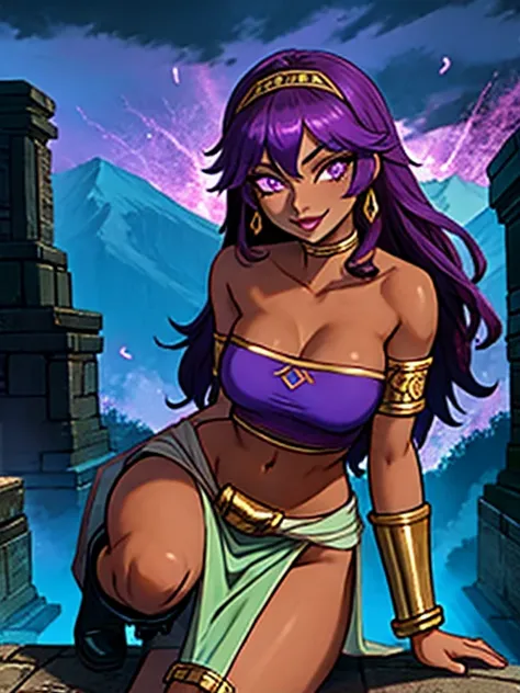 (best quality:1.3), (4K quality),masterpiece, best quality, high res, detailed, (Detailed face:1.2), (Detailed eyes:1.2), (Perfect figure:1.2), Fantasy style, Fantasy environment, solo, 1girl, BREAK 25 year old woman, sorceress, (Dark skin:1.5), purple hai...