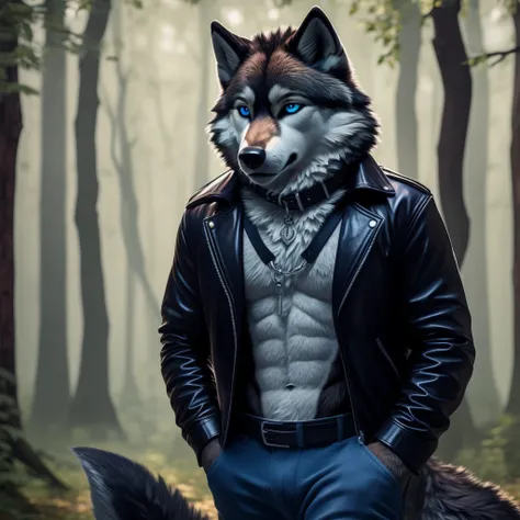 Male, 30 years old, cute, eyeliner, very sad expression, pout, black leather jacket, anthro, wolf ears, (black fur:1.5), wolf, forest background, 8k, hi res, (best quality, masterpiece), (wolf tail:1.5), detailed fur, solo, leash and collar, blue jeans, bl...