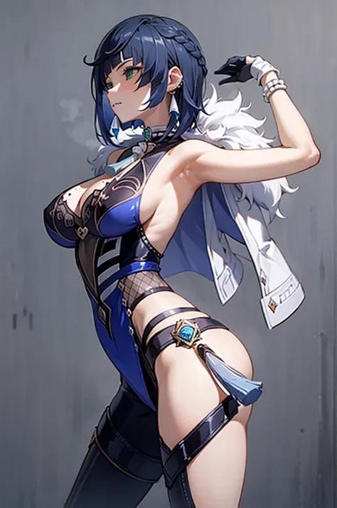 masterpiece, best quality,   1girl,vision (genshin impact),yelan (genshin impact), blue hair,short hair,  green eyes,earrings,dice,jewelry,neck ring,mismatched gloves, , cleavage cutout,fur-trimmed jacket,  jacket on shoulders, bare shoulders, dice, dress,...