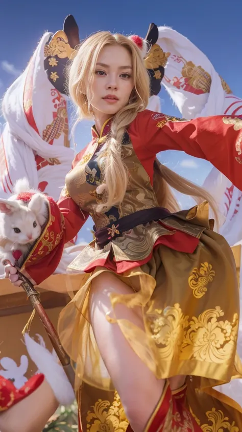  The image features a female character with long blonde hair, dressed in a red and gold outfit with Chinese-style designs, holding a bunny and a sword.