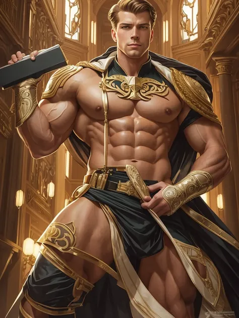  llustration in Leyendecker style :ealistic style, erotic, young Walter von Schönkopf ( Legend of the Galactic Heroes ) face, very gigantic-bodybuilder, bodybuilding poses, 240-inches-biceps, shy smile, random places, trending on artstation, sharp focus, s...