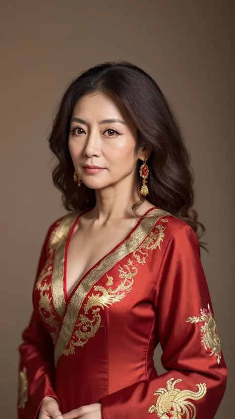 A 58-year-old Japanese woman with very large eyes, a large nose, and slightly long hair that is dark brown and curly and extends past her shoulders. She is wearing a Chinese-style red outfit with gold dragon embroidery. There is no background.