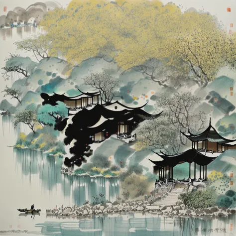 landscape architecture，a pavilion by the water，rich in artistic conception，ink painting，chinese painting，dense willow trees，spar...