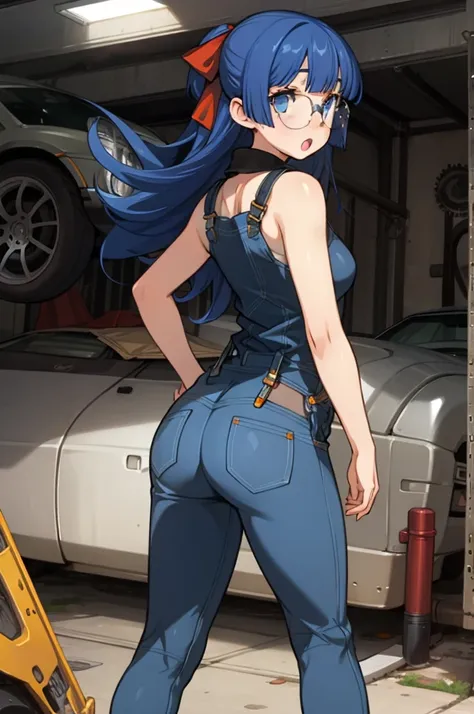 1girl, masterpiece, best quality, highly detailed, illustration, maria custard, indoors, garage, standing, overalls, from behind, looking back, ass, leaning forward, gears, mechanic, glasses, hair ribbon, :o, 