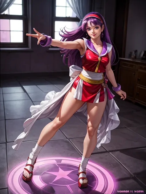 athena asamiya, 1girl, purple eyes, purple hair, long hair,in full body picture sensual pose, on over the shoulder pose, showing...