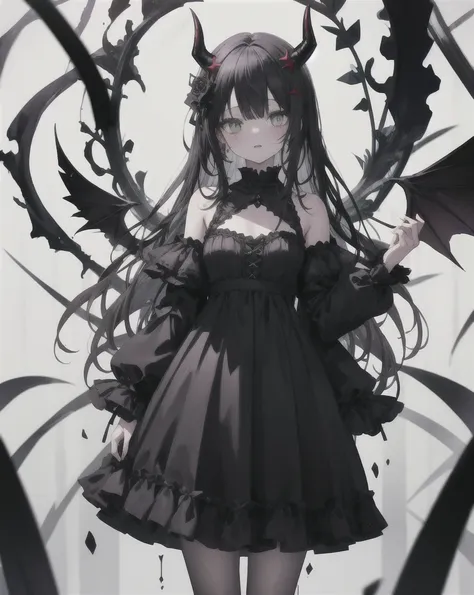 one girl,alone,grim aloe,devil horns, black_dress,are standing,cowboy shot,  devil&#39;s wings, albino,wicked smile, mischievous...