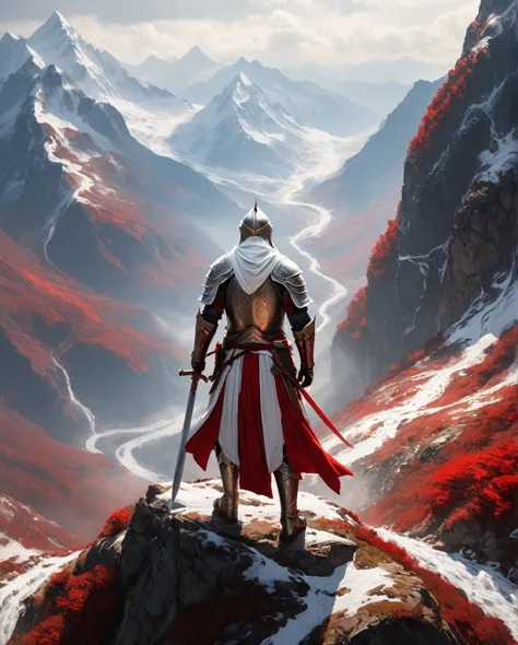 A warrior with flowing white robes and red armor guards a mountain pass