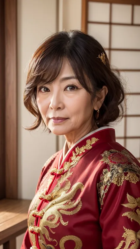 A 58-year-old Japanese woman, both body and face facing forward, looking at the camera, very large eyes, a large nose, a little long under the nose, dark brown, curly hair that reaches from the chin to the shoulders, Chinese-style red clothing with gold dr...