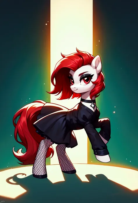 score_9,score_8_up,score_7_up,score_6_up, ((my little pony)), radiant lighting, vibrant colors, whimsical atmosphere, 8K, high resolution, highly detailed, masterpiece, white body, goth style, very long red hair, red eyes, fishnet stockings, dress