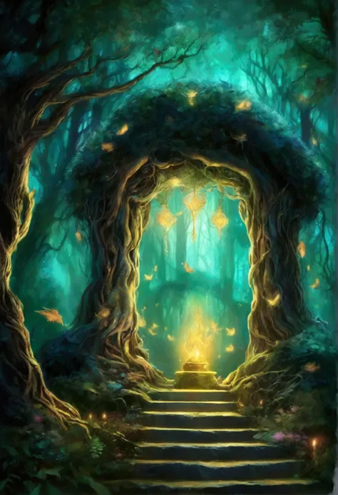 n a magical forest with luminous leaves and ancient trees, an altar with a glowing perfume bottle attracts mythical creatures like unicorns and fairies, in the style of magical realism.