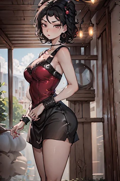 (8K HDR photorealistic pic), Betty Boop, short, althetic, curvy lady, ((tight little red dress)), dark eyebrows, black lipstick, (hoop earrings), dark eyeshadow, black lipstick, curvy, busty, (curly short black hair), shortstack, (retroussé breasts), darli...