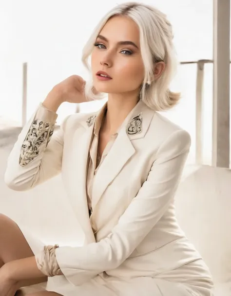 beautiful 20 year old girl from high society with light platinum hair, wearing a beige tube dress, and white blazer with shiny s...