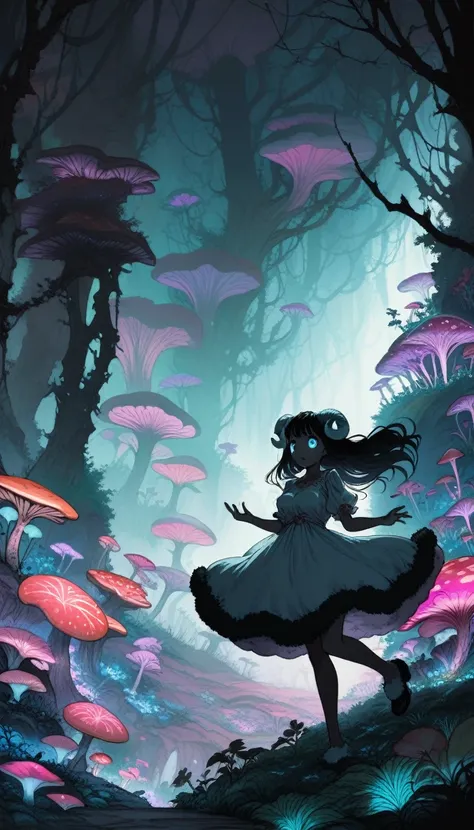 [author：Junji Ito], Dark horror scene, [Detailed shadows], [vein], (Bioluminescent mushroom forest), 1 Girl, Huge cosmic eyes, Spiral Fungus, Human Development Report fluffy black hair sheep horns. Insane