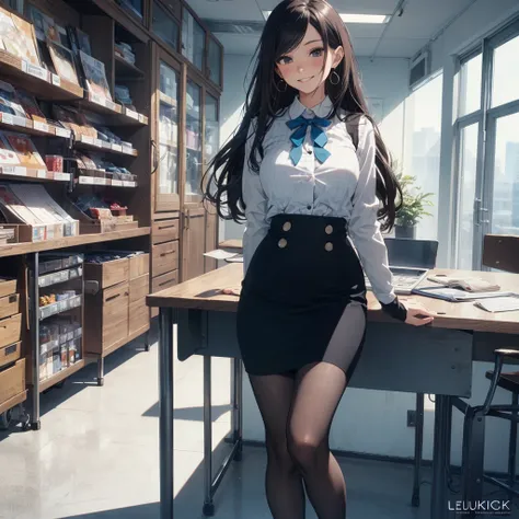 (Best Quality, Masterpiece), Mag((((1ladyl,)))) (masterpiece), (realistic), (best quality), (ultra-detailed), amazing 30 years old wife, pantyshot, long brown hair, office lady, Wearing a pink plaid vest, White short sleeved shirt, Gray pencil skirt, Wear ...