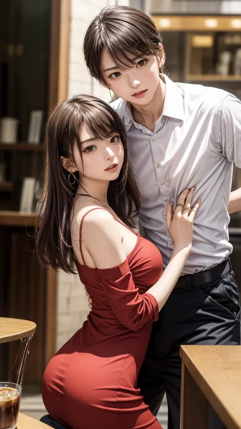 8K quality、High resolution、Realistic skin texture、High resolutionの瞳、Seated man、Woman embraced by a man、A female cafe owner seduces a male customer、Brown long hair、、Ring piercing of the earlobe、Neat red blouse dress、Dignified face、thin、Model Body Type、Ripe ...