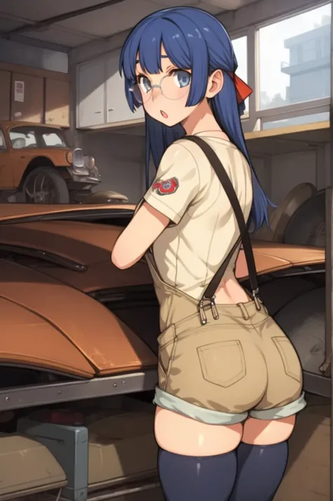 1girl, masterpiece, best quality, highly detailed, illustration, maria custard, indoors, garage, standing, overalls, from behind, looking back, ass, leaning forward, gears, mechanic, glasses, hair ribbon, :o, shorts,black thighhighs