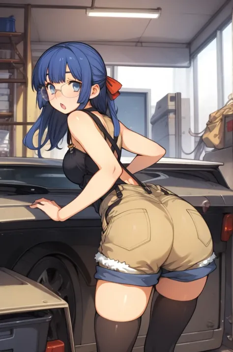 1girl, masterpiece, best quality, highly detailed, illustration, maria custard, indoors, garage, standing, overalls, from behind, looking back, ass, leaning forward, gears, mechanic, glasses, hair ribbon, :o, shorts,black thighhighs