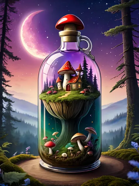 Chef doeuvre dans une grande bouteille très détaillé,  scarabée verte et doré,  Arrière-plan fantasy,  champs de champignons rouge et mauve, ciel , forêt,  lune