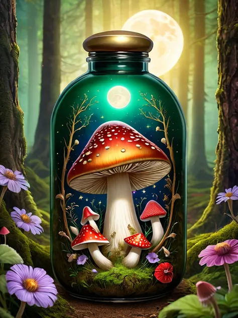 Chef doeuvre dans une grande bouteille très détaillé,  scarabée verte et doré,  Arrière-plan fantasy,  champs de champignons rouge et mauve, ciel , forêt,  lune