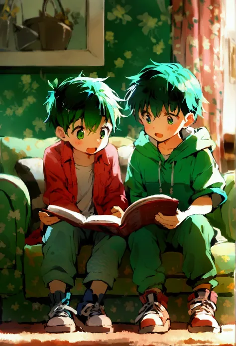 2 boys, 16 years, green hair, sitting on the couch, reading, in room