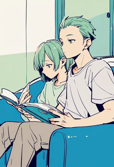 2 boys, 16 years, green hair, sitting on the couch, reading, in room