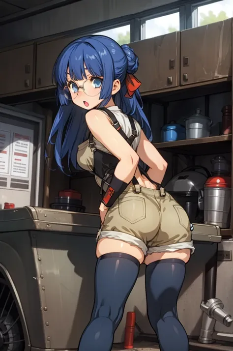 1girl, masterpiece, best quality, highly detailed, illustration, maria custard, indoors, garage, standing, overalls, from behind, looking back, ass, leaning forward, gears, mechanic, glasses, hair ribbon, :o, shorts,black thighhighs