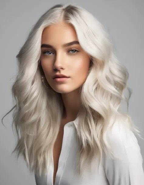 beautiful 20 year old girl with perfect society body with light platinum hair, wearing a white women&#39;s suit with shiny stone...