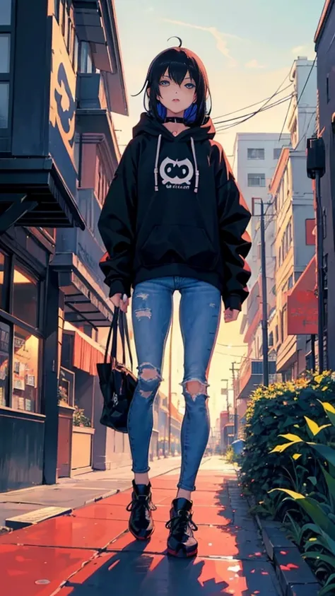 1girl, anime style, skinny body, Anime young girl wearing black hoodie, skinny jeans pants, black hair, grey blue eyes colour, pose picture of her, detailed, 8k, high quality, Ishimi Yokoyama.