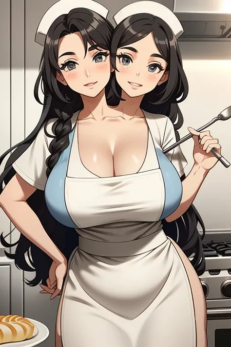 2heads, a tall fat woman with 2 heads. She is in a kitchen, standing in front of a countertop covered with baking materials. She is wearing an apron, deep cleavage. She is wearing a bow in her hair. She has long curly brown hair. She is very tall and matur...