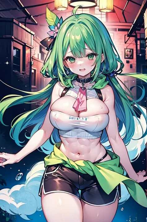 Second Dimension、Adult women、stand、Pink hoodie、Midriff、Very large breasts、Large around the waist、Chubby、Muscular、Big Abs、belly button、Thick thighs、front、clavicle、Shorts、Sweat、Open your mouth、smile、Green Eyes、Float your heart、lure、Long Hair、Light blue hair、...