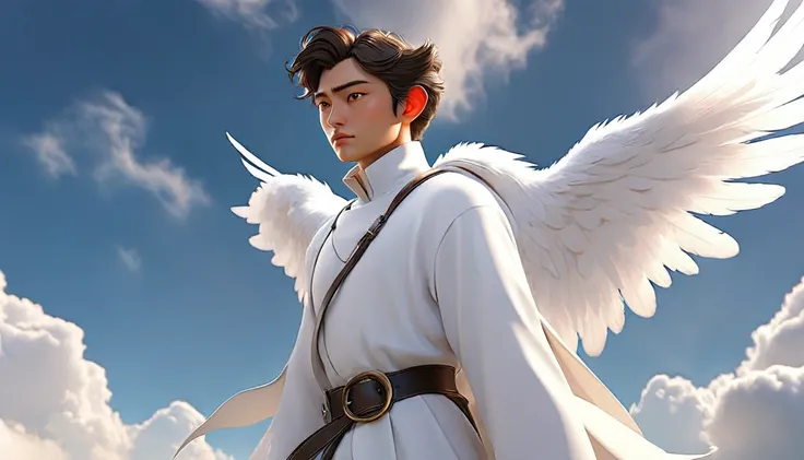 Man dressed in white and with wings over the sky 