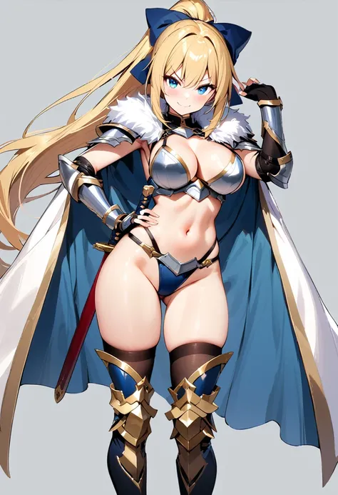 masterpiece, best quality, 1girl, breasts, solo, blonde-hair, blue-eyes, pelvic-curtain, navel, armor, large-breasts, ponytail, cape, cleavage, sword, gloves, weapon, looking-at-viewer, smile, boots, fingerless-gloves, full-body, very-long-hair, standing, ...