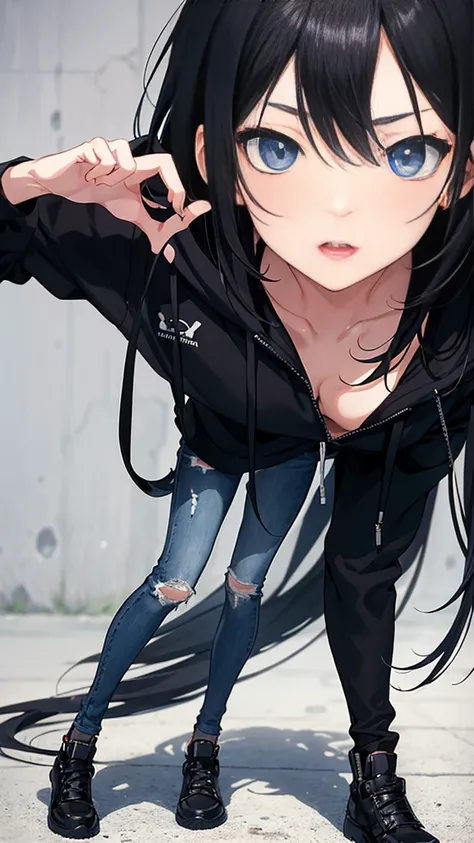 1girl, anime style, skinny body, Anime young girl wearing black hoodie, skinny jeans pants, black hair, grey blue eyes colour, pose picture of her, detailed, 8k, high quality, Ishimi Yokoyama.