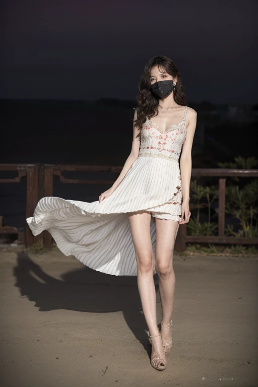 ((original photography:1.2))，RAW photos,Night view of Beijing，1 Girl, Perfect body，Full body portrait，Fashion的头发, Very curly hair, delicate eyes, Side Light, Sweating，With a mask, Medium breasts，Fashion的彩色embroidery連衣裙，(intricate dress、Fashion、embroidery、s...