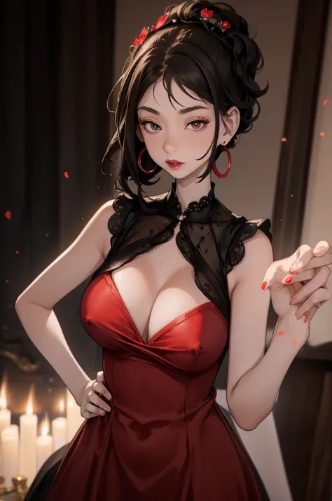 (8K HDR photorealistic pic), Betty Boop, short, althetic, curvy lady, ((tight little red dress)), dark eyebrows, black lipstick, (hoop earrings), dark eyeshadow, black lipstick, curvy, busty, (curly short black hair), shortstack, (retroussé breasts), darli...