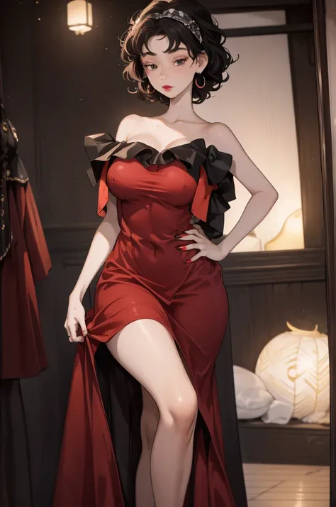 (8K HDR photorealistic pic), Betty Boop, short, althetic, curvy lady, ((tight little red dress)), dark eyebrows, black lipstick, (hoop earrings), dark eyeshadow, black lipstick, curvy, busty, (curly short black hair), shortstack, (retroussé breasts), darli...