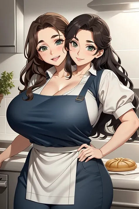 2heads, a tall fat woman with 2 heads. She is in a kitchen, standing behind a countertop  She is wearing an apron, deep cleavage. She is wearing a bandana to push her hair back. She has long curly brown hair. She is very tall and mature. She is baking a pa...