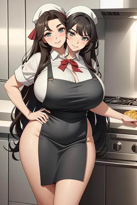 2heads, a tall fat woman with 2 heads. She is in a kitchen, standing behind a countertop  She is wearing an apron, deep cleavage. She is wearing a bandana to push her hair back. She has long curly brown hair. She is very tall and mature. She is baking a pa...